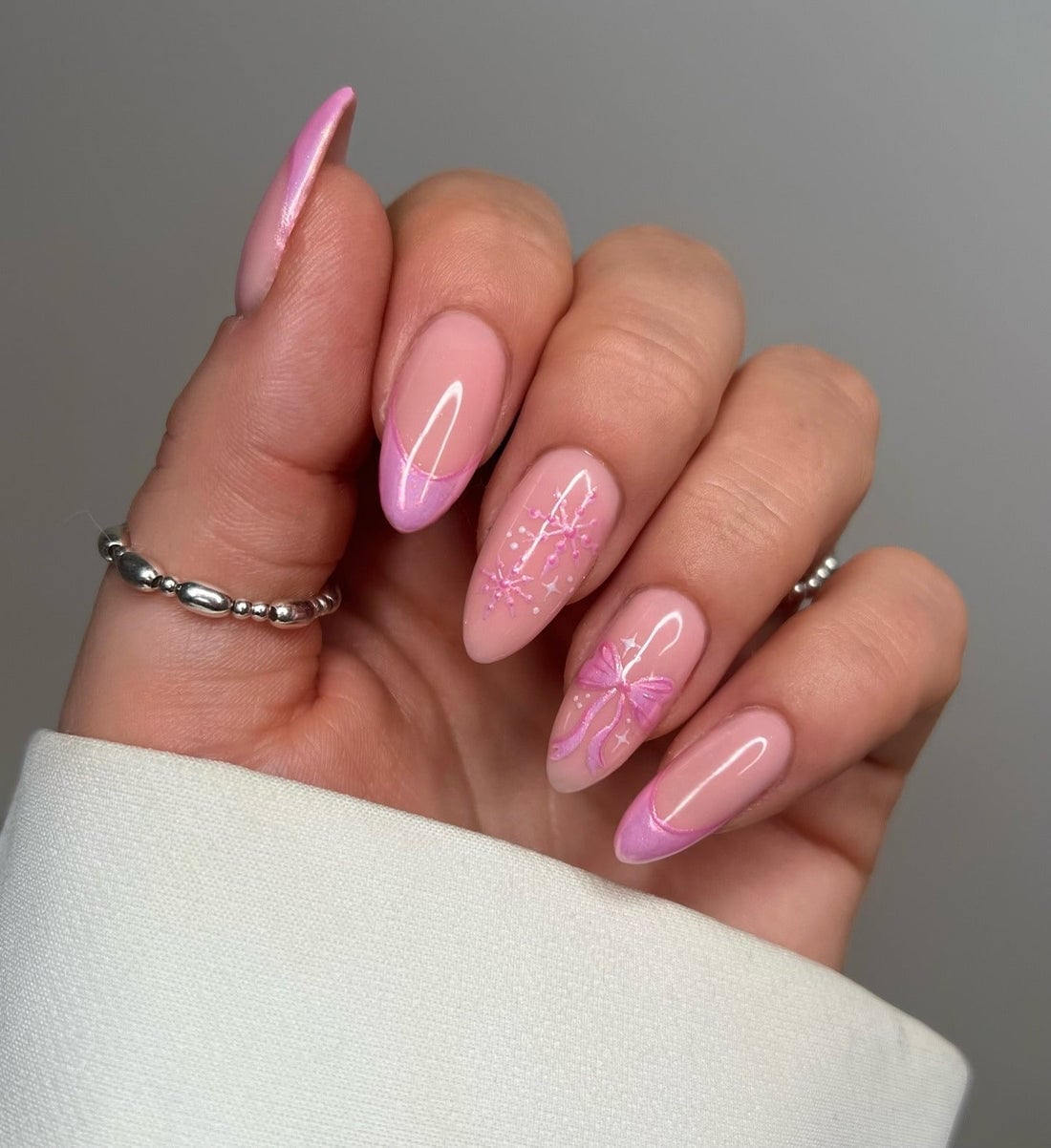 Nude Pink French With Bow Short Almond Nails — Classy Pink Almond Nails