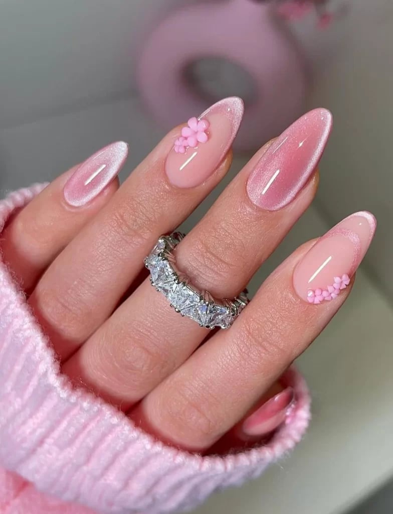 Pink Cat Eye Long Almond Nails With Floral Accents — Classy Pink Almond Nails