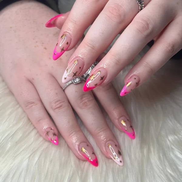 Pink Gradient Long Almond Nails With Gold Star Decals — Classy Pink Almond Nails