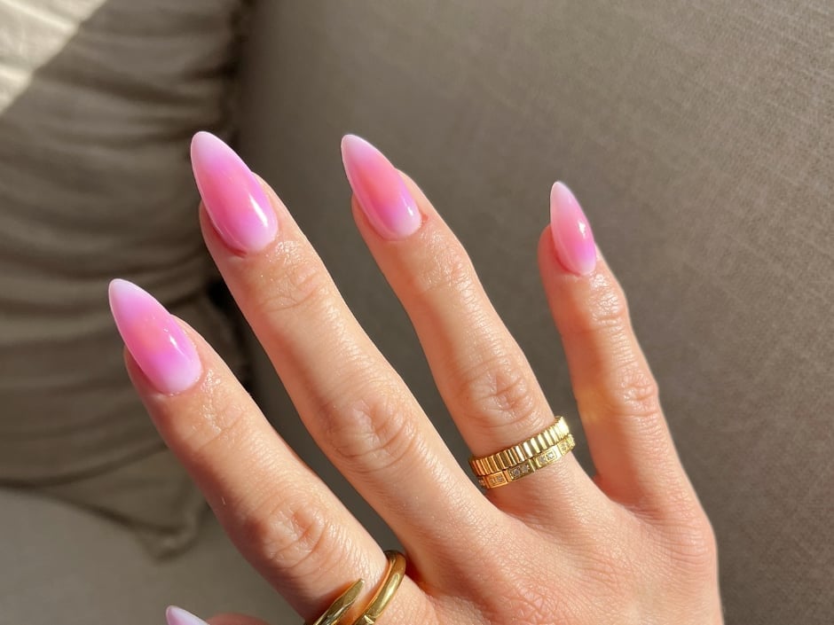 Vibrant Pink Jelly Long Almond Nails — Classy Pink Almond Nails