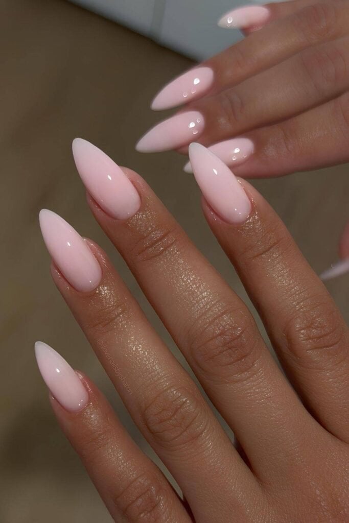 Opaque Soft Pink Long Almond Nails — Classy Pink Almond Nails