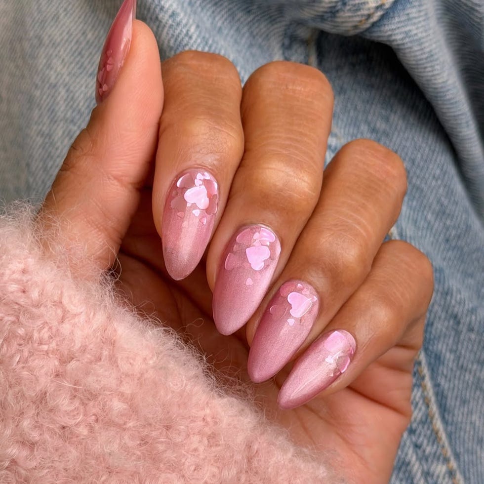Light Pink Pearlescent Satin Nails With Hearts — Classy Pink Almond Nails