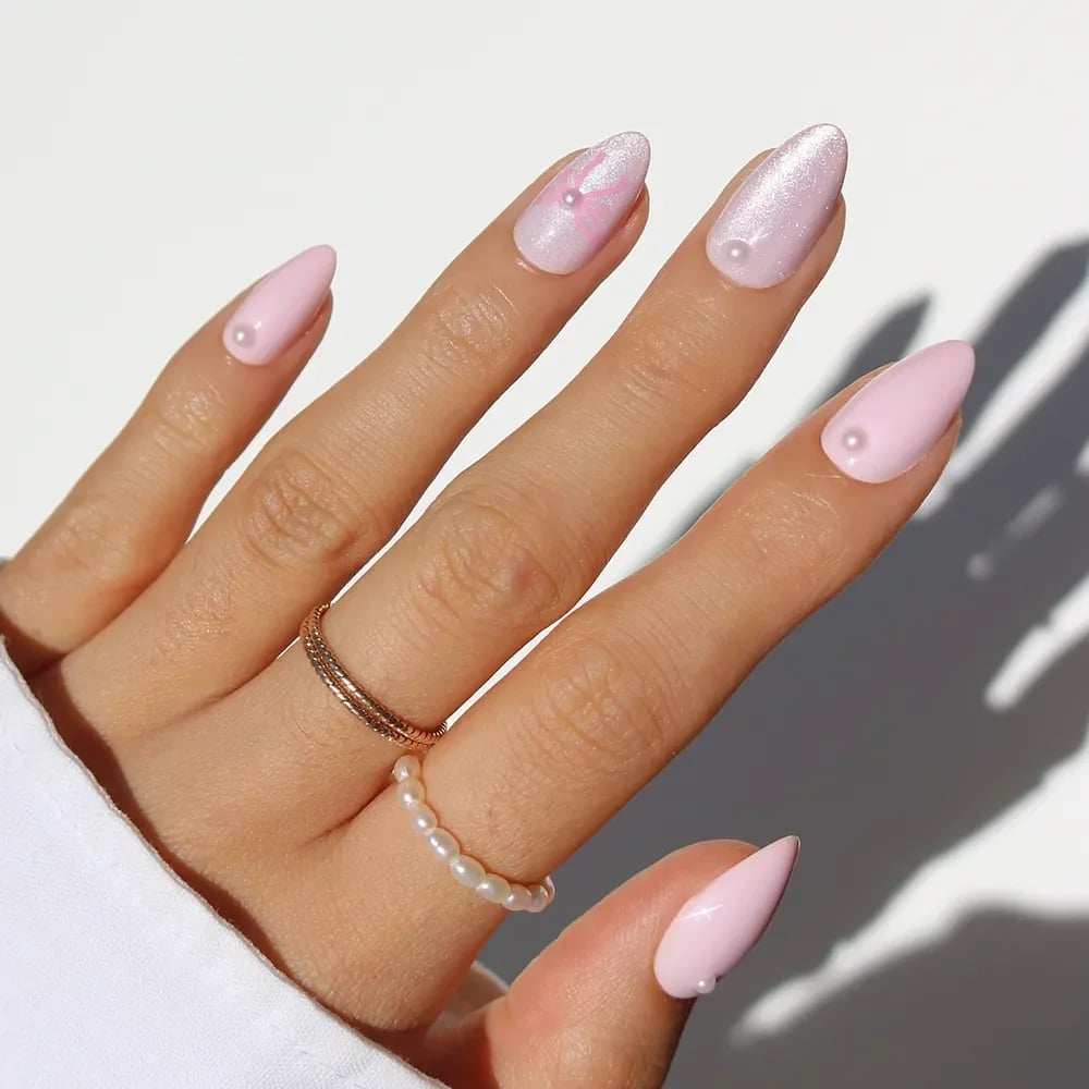 Milky Pink Glossy Medium Almond Nails — Classy Pink Almond Nails