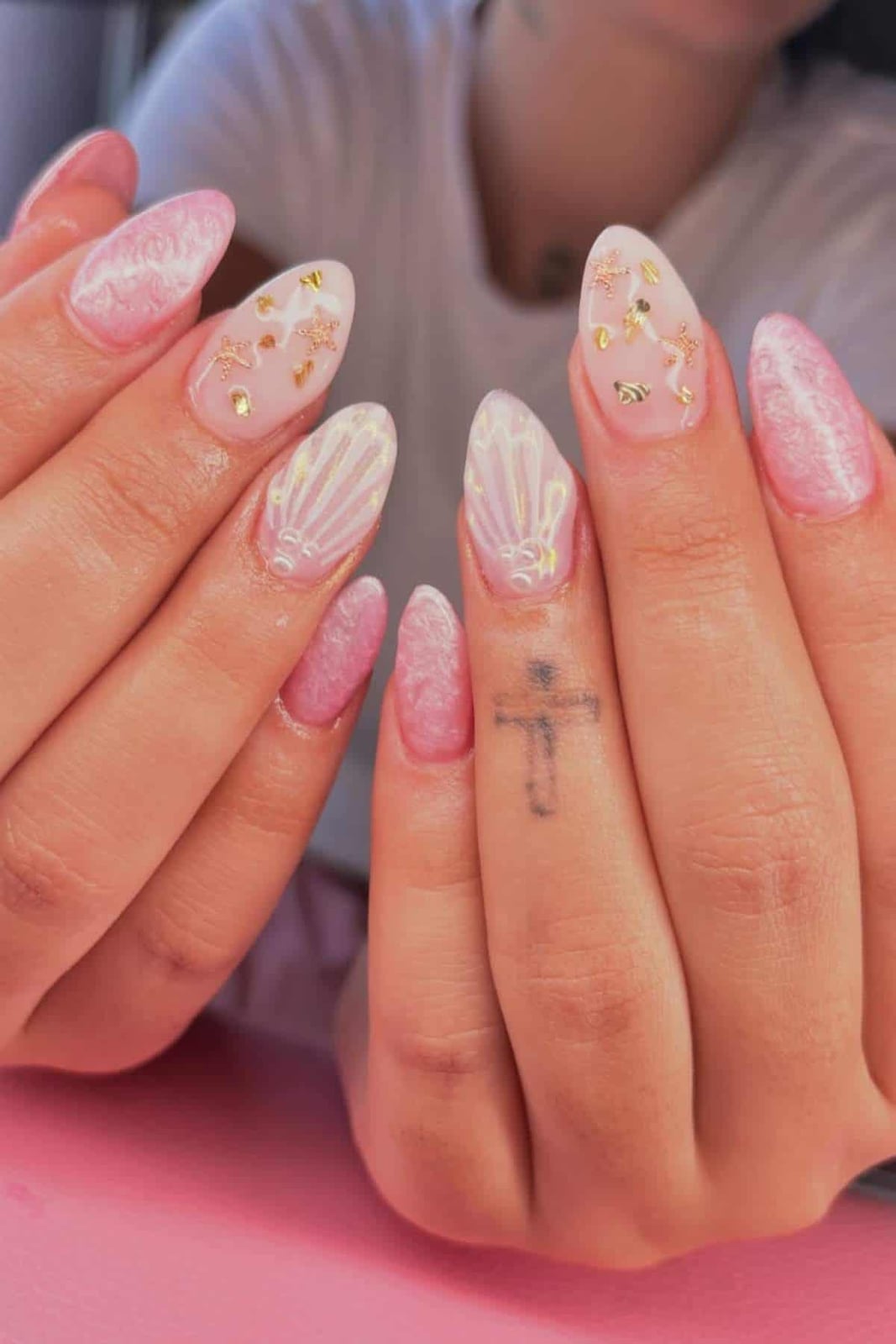 Light Pink Pearl Accents Medium Almond Nails — Classy Pink Almond Nails
