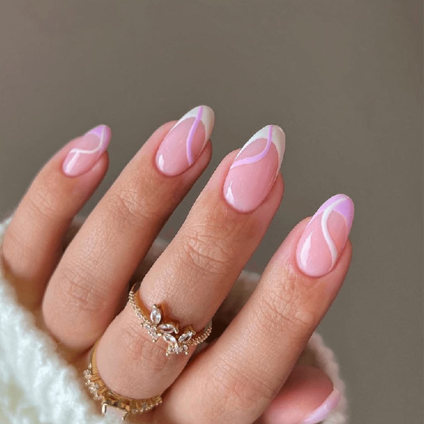 Sheer Pink French Almond Nails With Purple Line — Classy Pink Almond Nails
