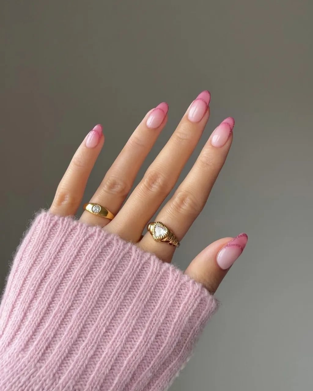Shimmering Pink Line Medium Almond French Nails — Classy Pink Almond Nails
