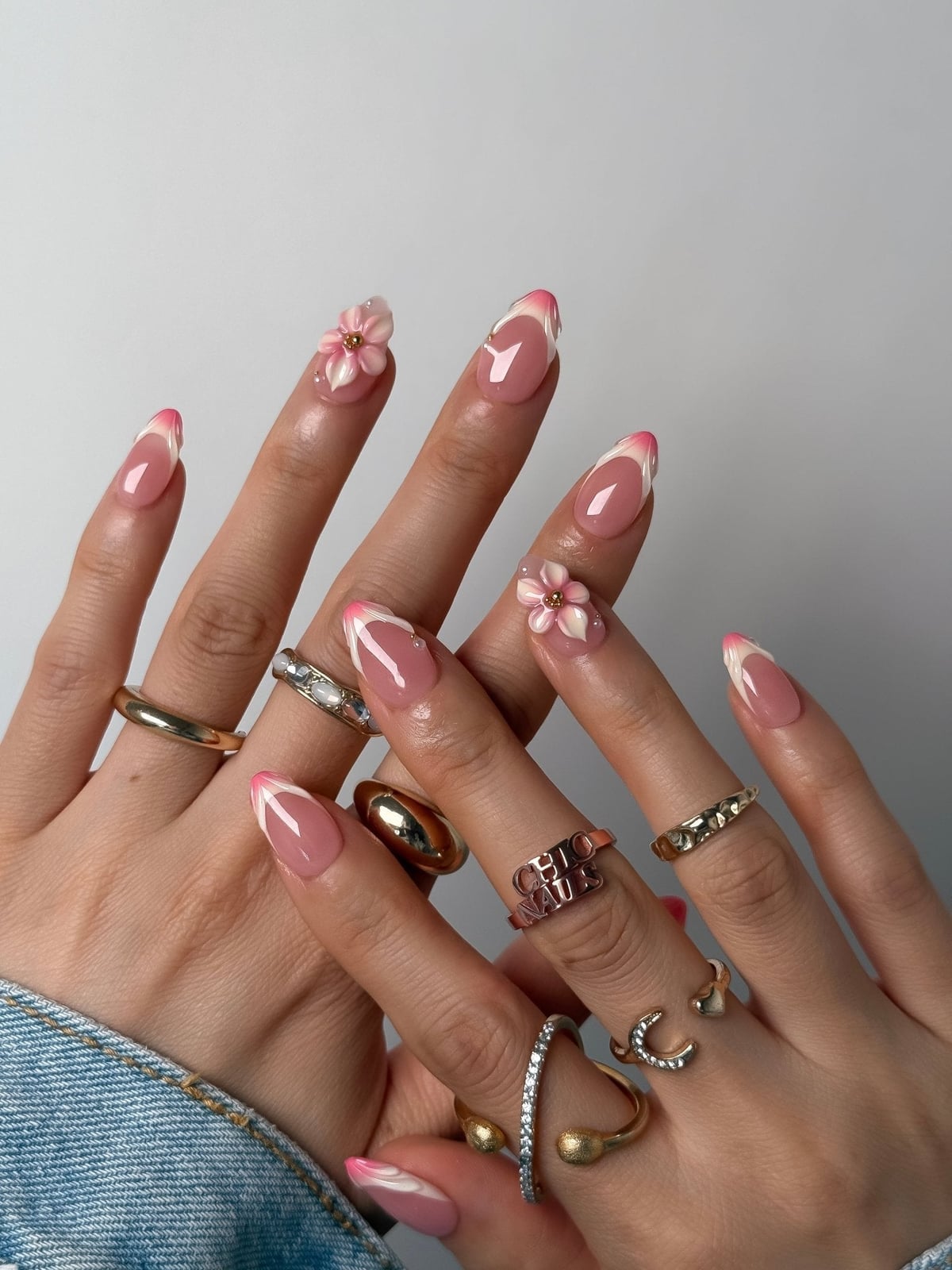 Pink Flower Short Almond French Nails — Classy Pink Almond Nails