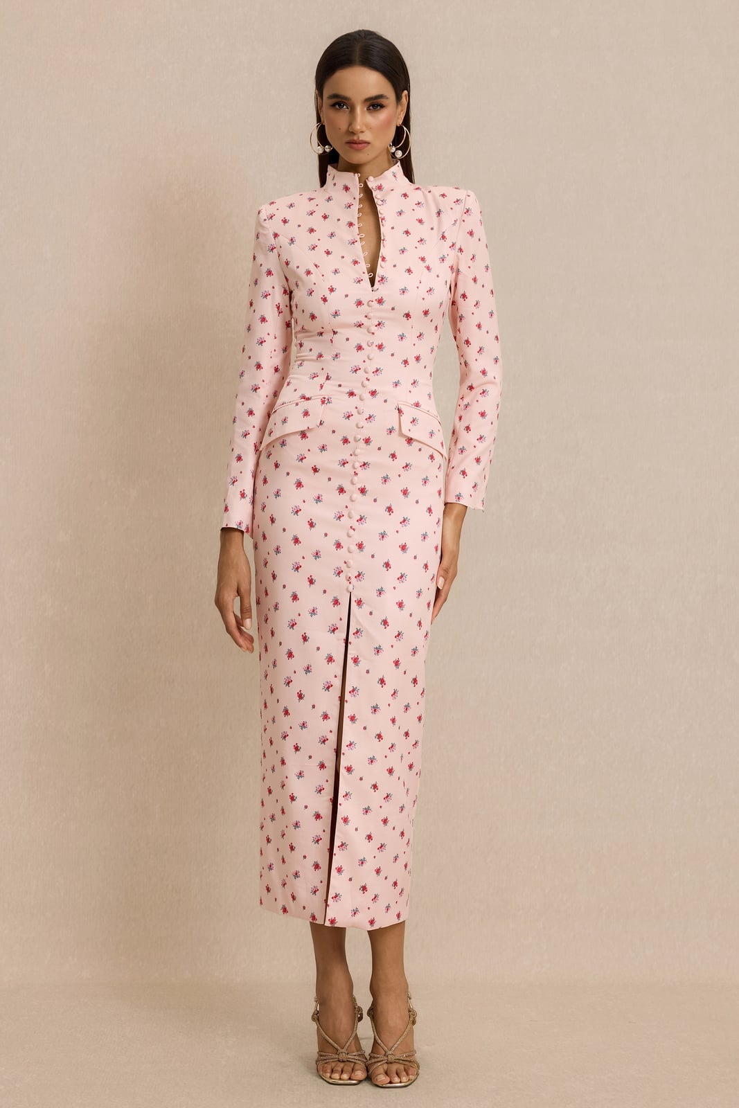 Light Pink Floral Print Midi Dress With Strappy Heeled Sandals — Classy Pink Outfits
