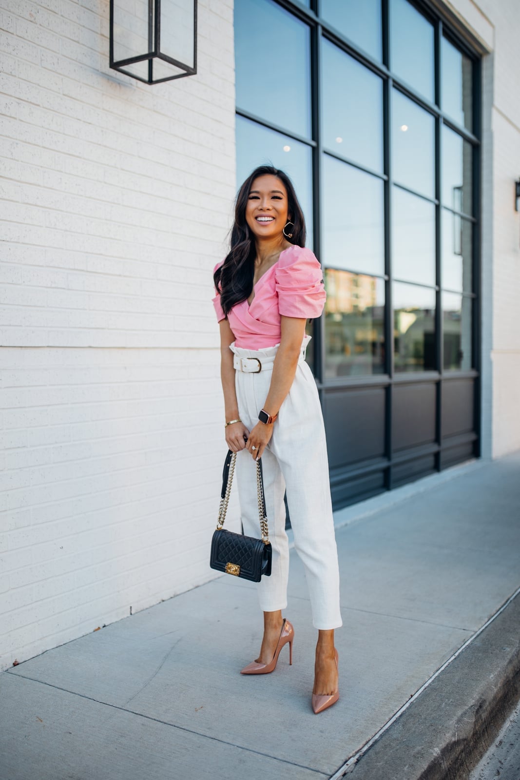 Pink Satin Blouse with White Linen Trousers — Classy Pink Outfits
