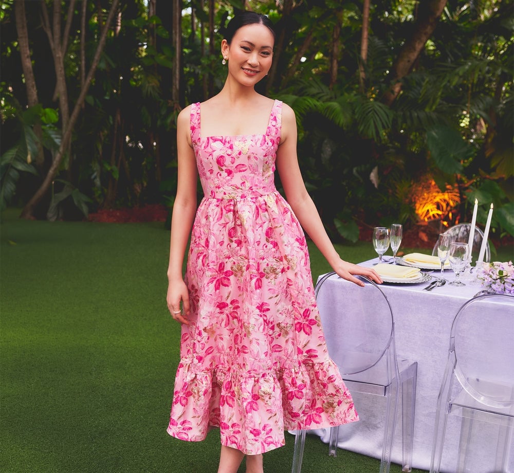 Pink Floral Print Satin Midi Dress With White Open-Toe Heels — Classy Pink Outfits