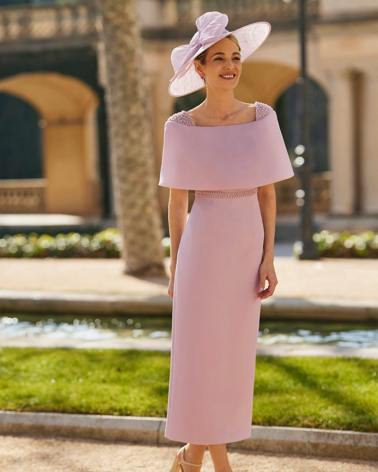 Lilac Pink Midi Dress with Beaded Cape Overlay — Classy Pink Outfits