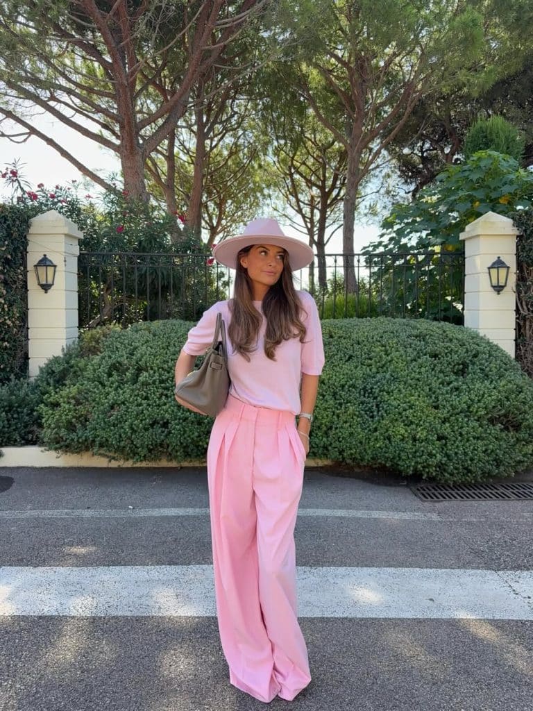 Monochromatic Pink Knit Top and Wide-Leg Trousers — Classy Pink Outfits