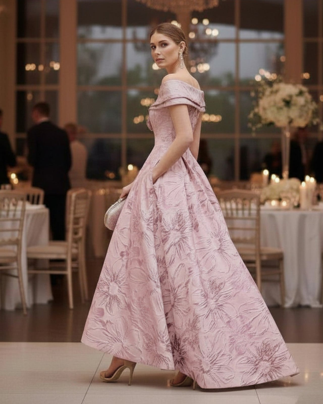 Pale Pink Brocade Ballgown with Floral Pattern — Classy Pink Outfits