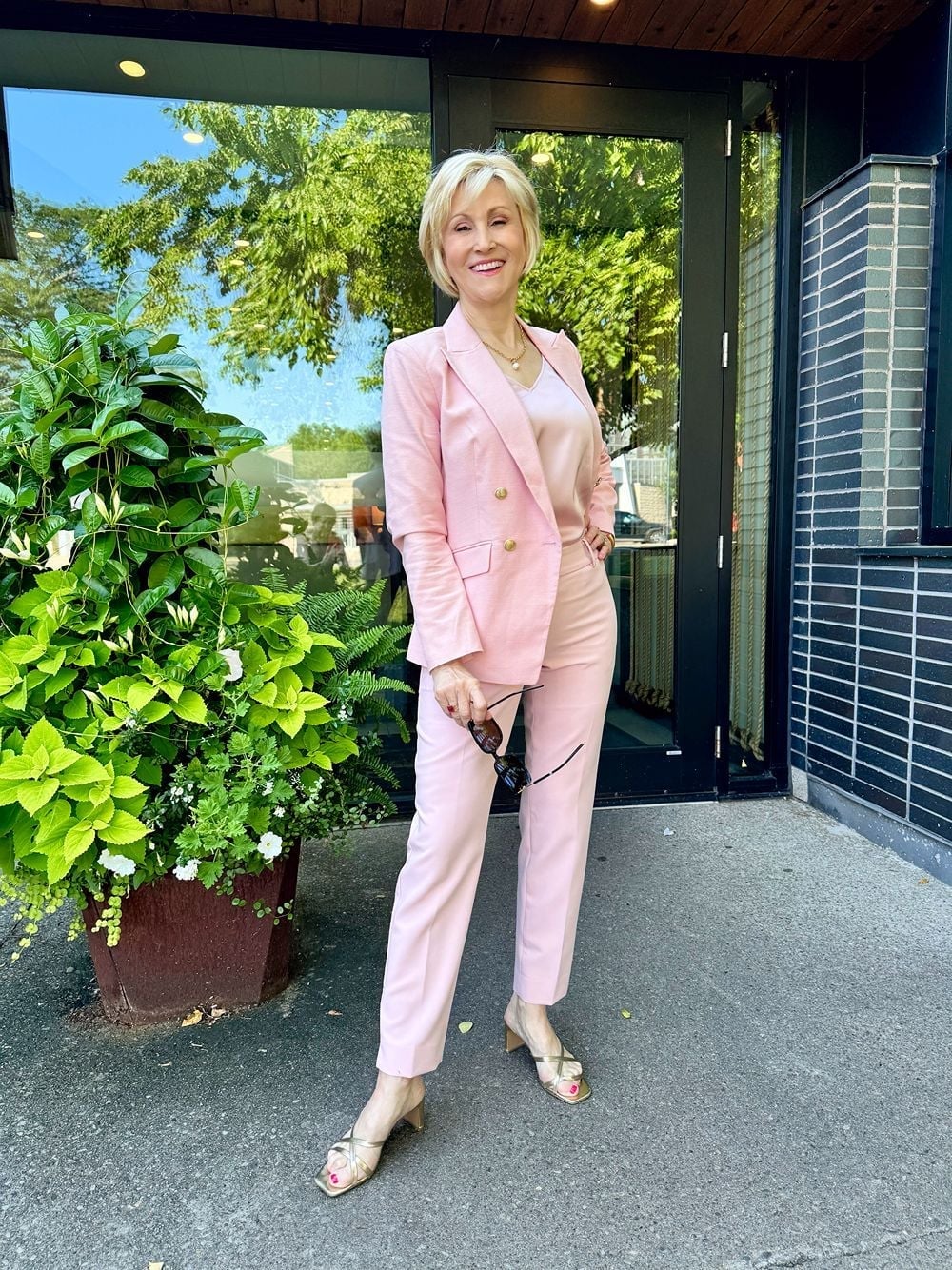 Soft Pink Linen-Blend Suit with Satin Camisole — Classy Pink Outfits