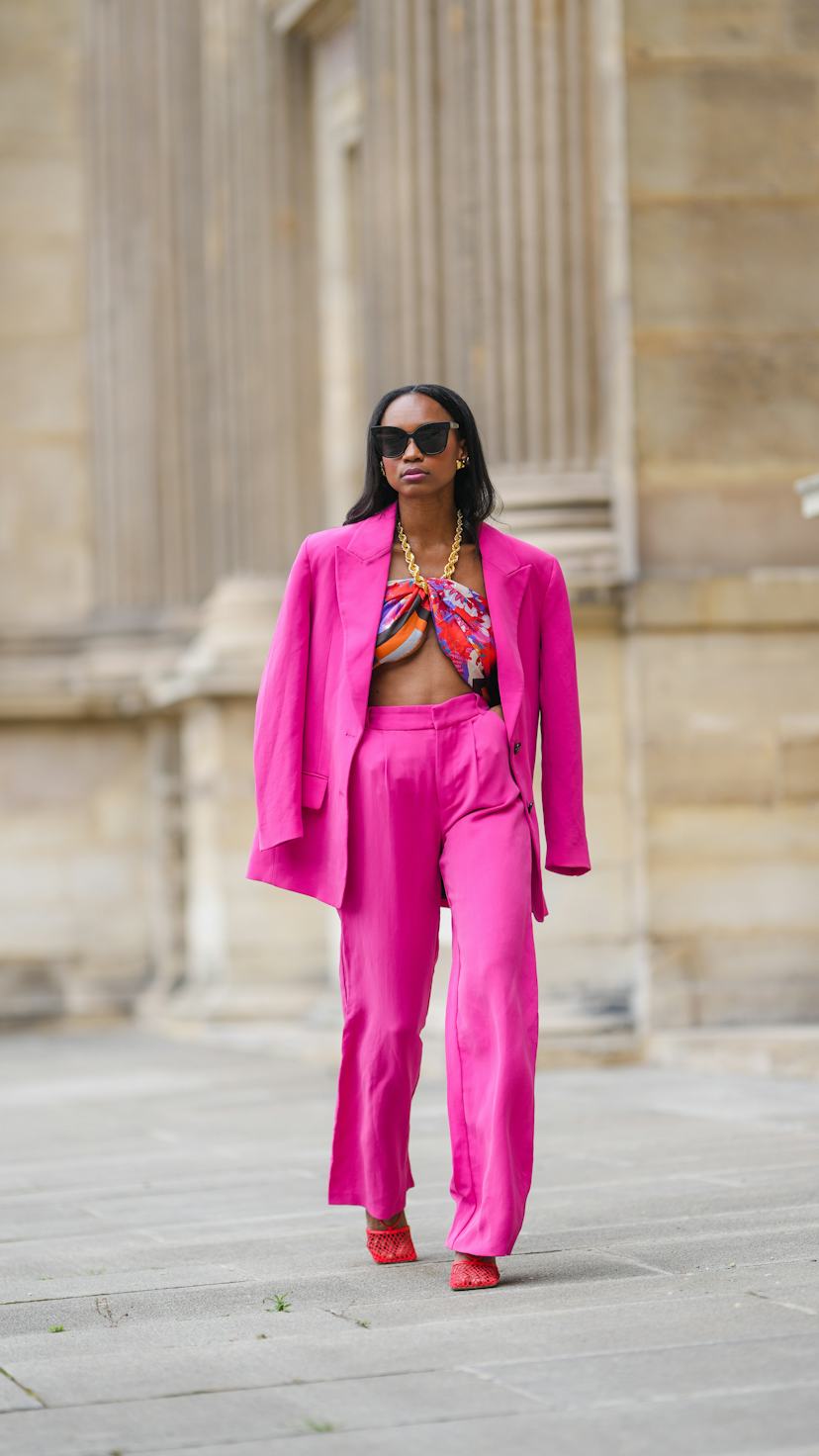 Hot Pink Linen-Blend Suit with Scarf Top — Classy Pink Outfits