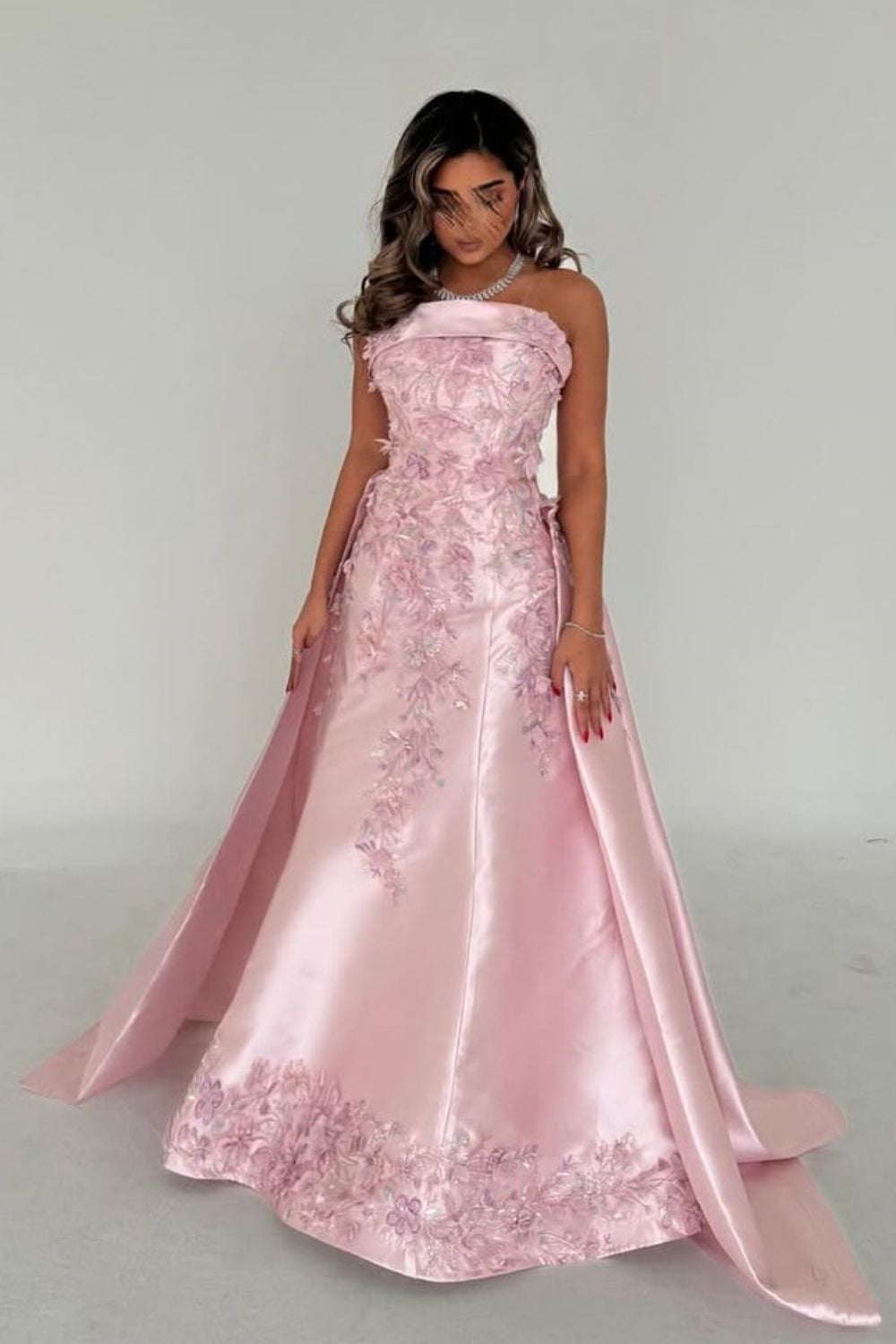 Light Pink Satin Strapless Gown with Applique — Classy Pink Outfits