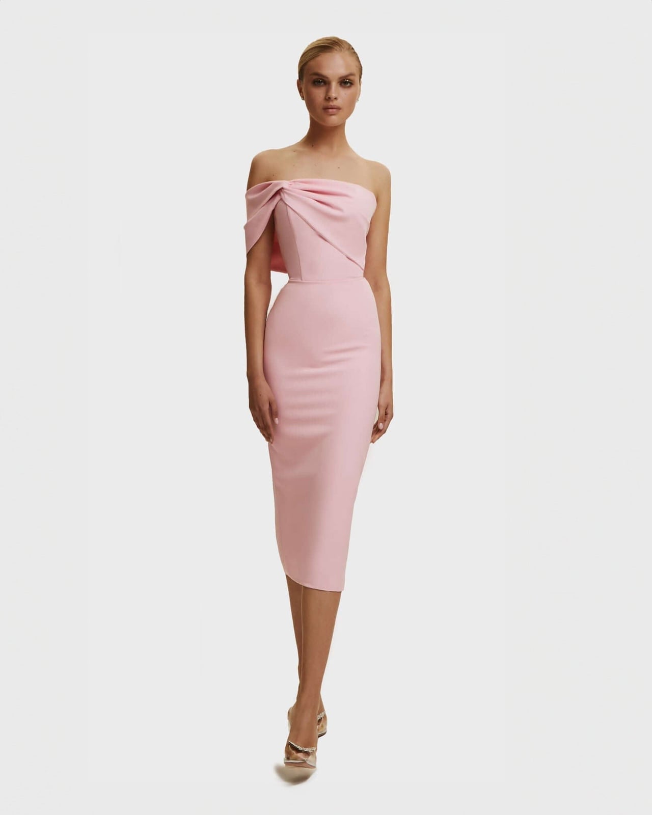 Blush Pink Off-The-Shoulder Midi Dress With Gold Strappy Heels — Classy Pink Outfits