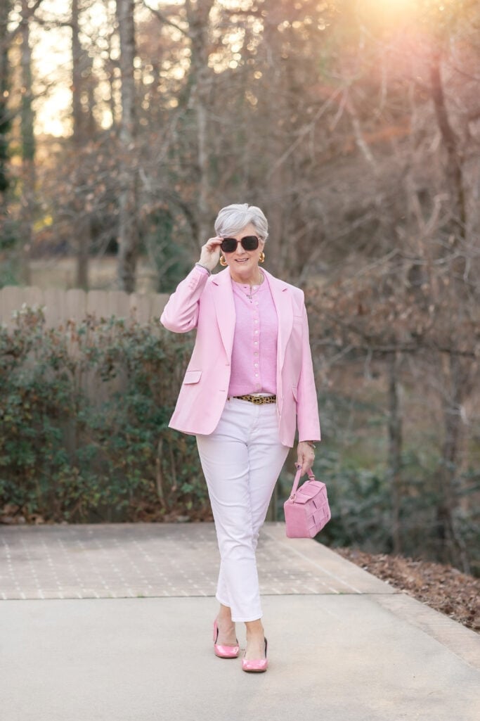 Monochromatic Pink Blazer with White Trousers and Straight Leg — Classy Pink Outfits