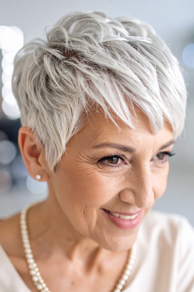 Natural Grey Pixie With Textured Bangs Natural Grey Pixie With Textured Bangs — Classy Pixie Haircuts
