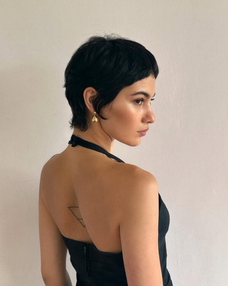 Short Black Pixie With Textured Wavy Style, Ear Short Black Pixie With Textured Wavy Style, Ear — Classy Pixie Haircuts