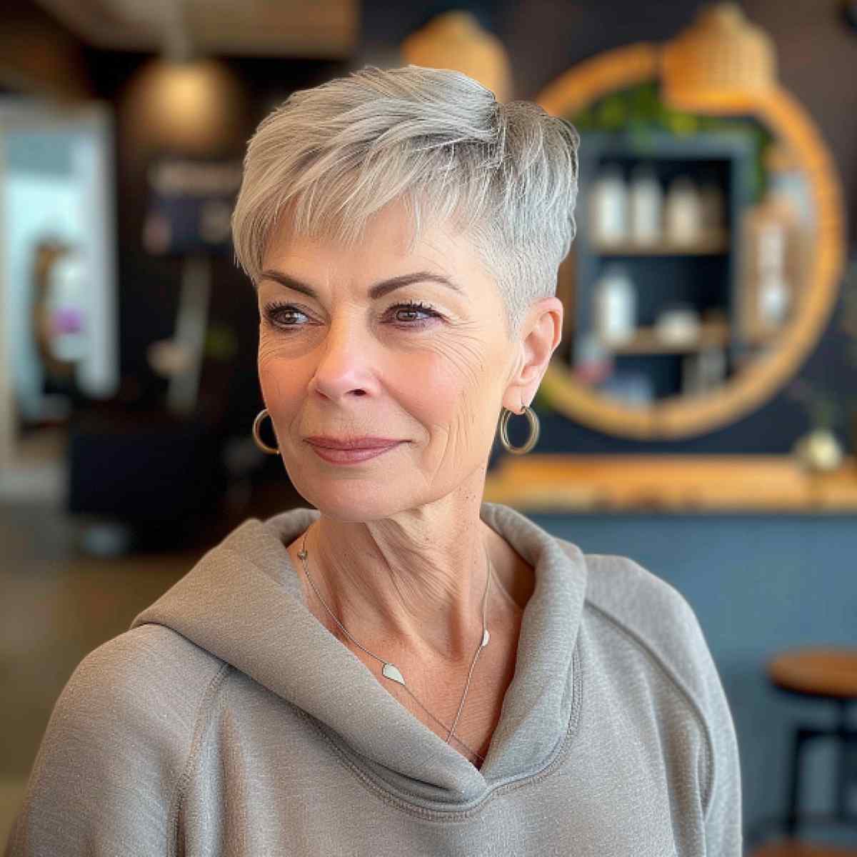 Light Grey Pixie With Feathered Fringe Light Grey Pixie With Feathered Fringe — Classy Pixie Haircuts