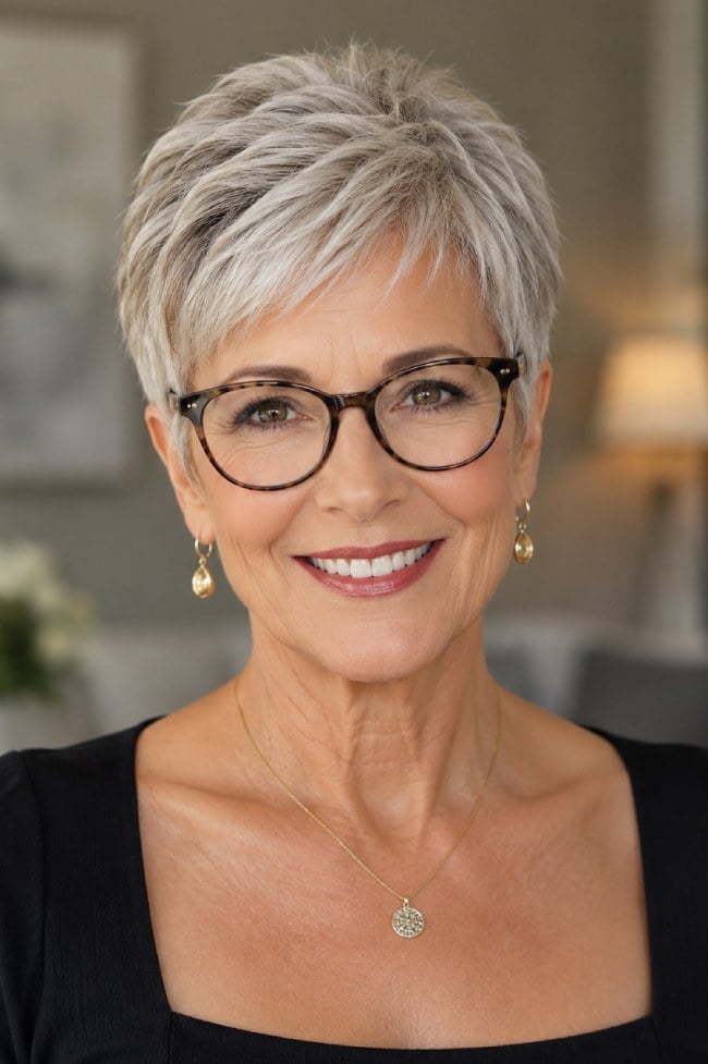 Silver Pixie With Layered Texture And Side Bangs Silver Pixie With Layered Texture And Side Bangs — Classy Pixie Haircuts