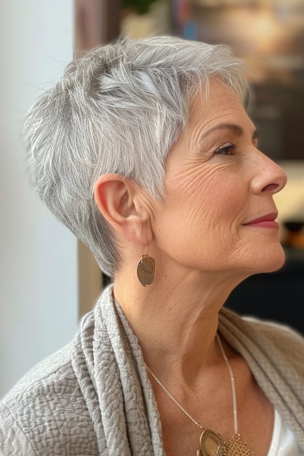 Textured Silver Pixie With Side Fringe Textured Silver Pixie With Side Fringe — Classy Pixie Haircuts