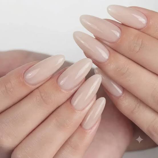 Glossy Sheer Nude Medium Almond Nails — Classy Plain Nails