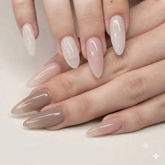 Glossy Sheer Nude Taupe Long Stiletto Nails — Classy Plain Nails