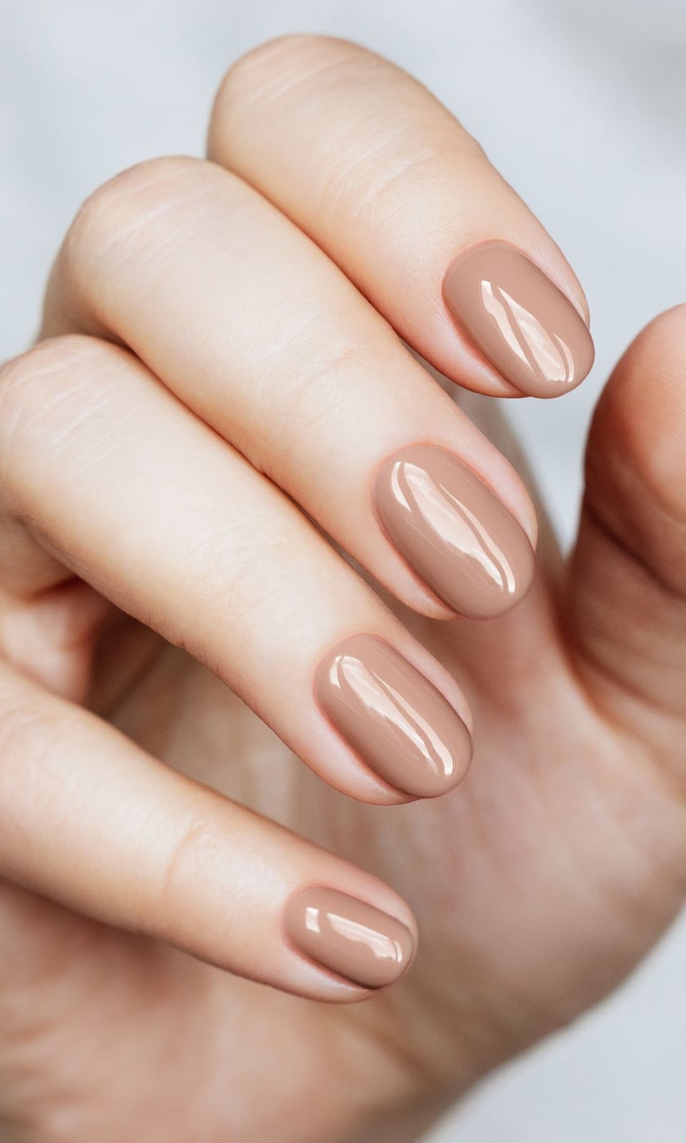 Glossy Taupe Nude Short Oval Nails — Classy Plain Nails