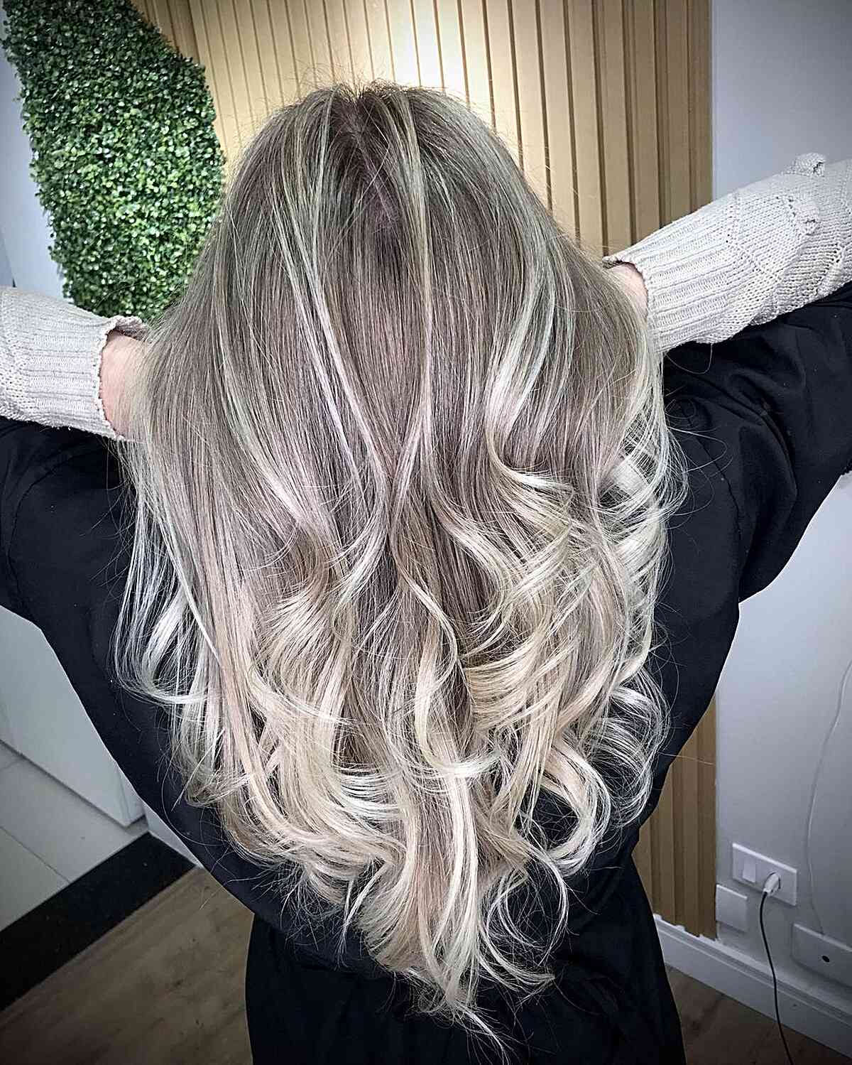 Mid-Back Layers With Platinum Highlights On Ash Blonde, Wavy Mid-Back Layers With Platinum Highlights On Ash Blonde, Wavy — Classy Platinum Highlights