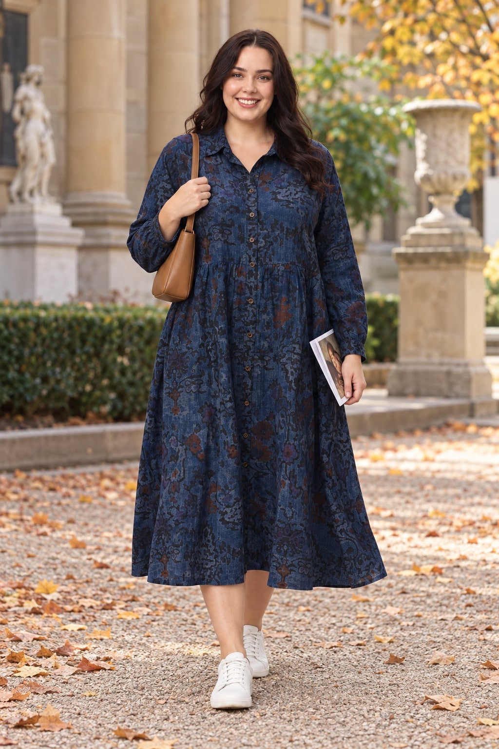 Blue Patterned Shirt Dress With White Sneakers Blue Patterned Shirt Dress With White Sneakers — Classy Plus Size Dresses