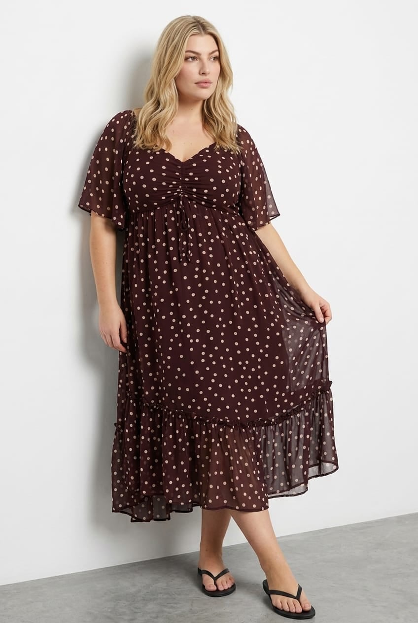 Dark Brown Polka Dot Chiffon Midi Dress Dark Brown Polka Dot Chiffon Midi Dress — Classy Plus Size Dresses
