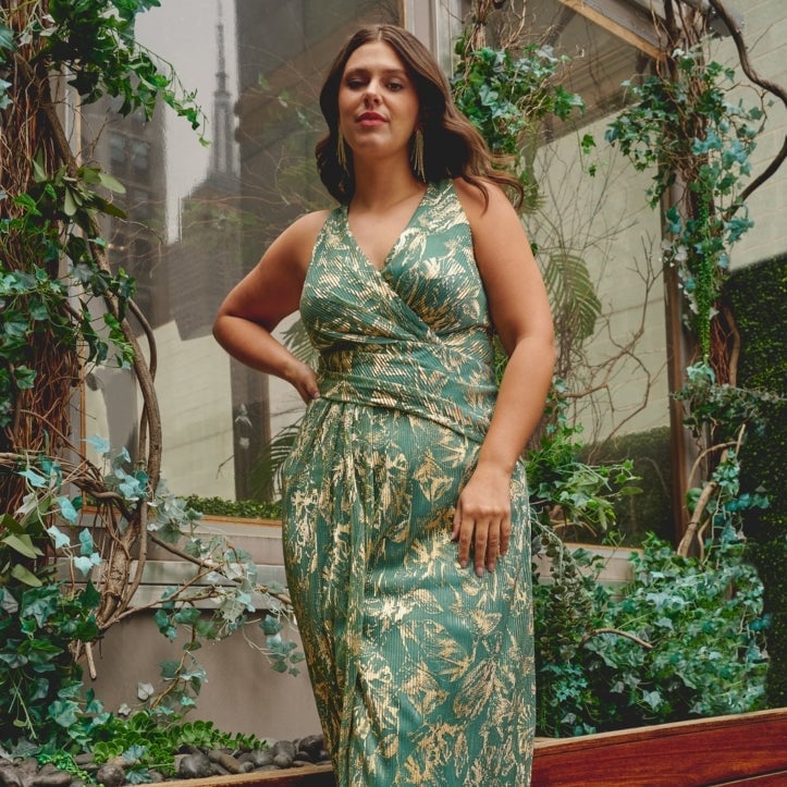 Green Sleeveless Wrap Maxi Dress With Gold Leaf Print Green Sleeveless Wrap Maxi Dress With Gold Leaf Print — Classy Plus Size Dresses