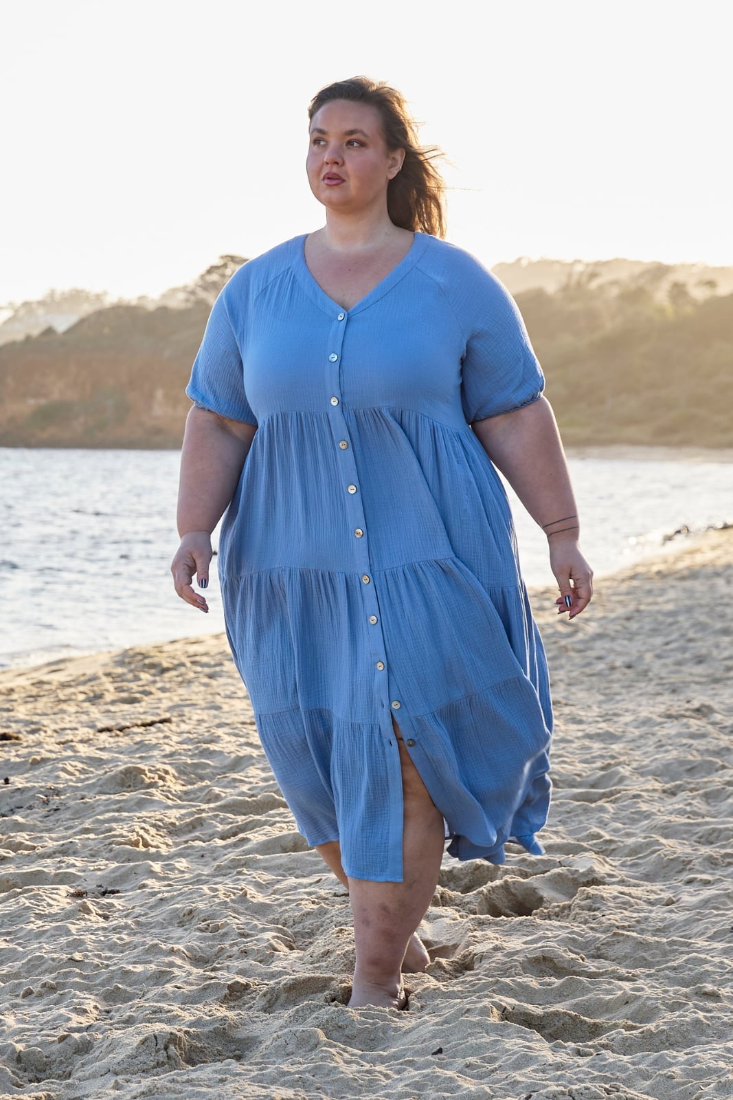Periwinkle Blue Gauze Tiered Midi Dress Periwinkle Blue Gauze Tiered Midi Dress — Classy Plus Size Dresses