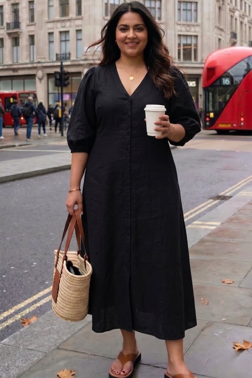 Black Linen-Like Midi Dress With Puffed Sleeves Black Linen-Like Midi Dress With Puffed Sleeves — Classy Plus Size Dresses