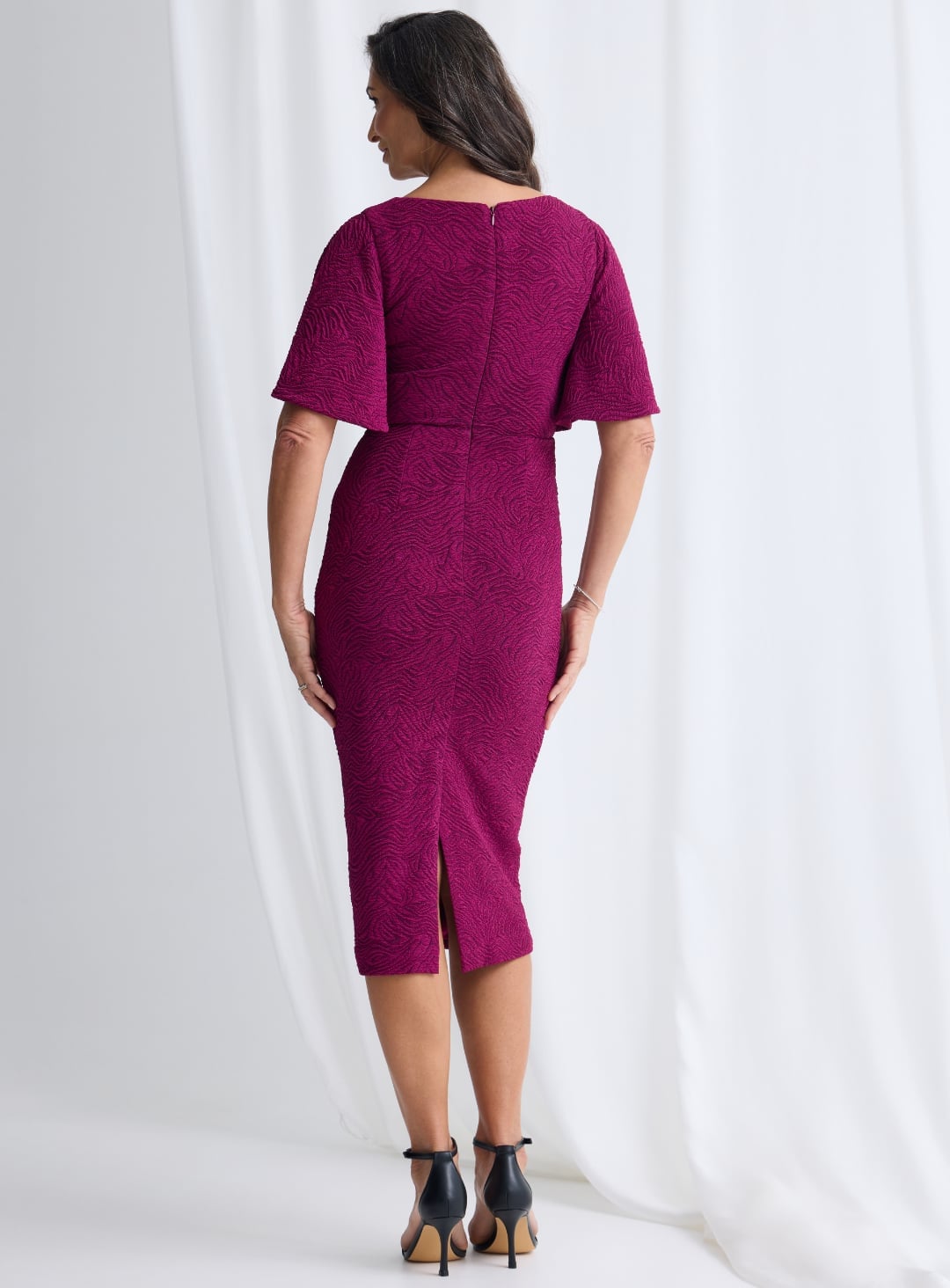 Magenta Textured Jacquard Fitted Midi Dress Magenta Textured Jacquard Fitted Midi Dress — Classy Plus Size Dresses