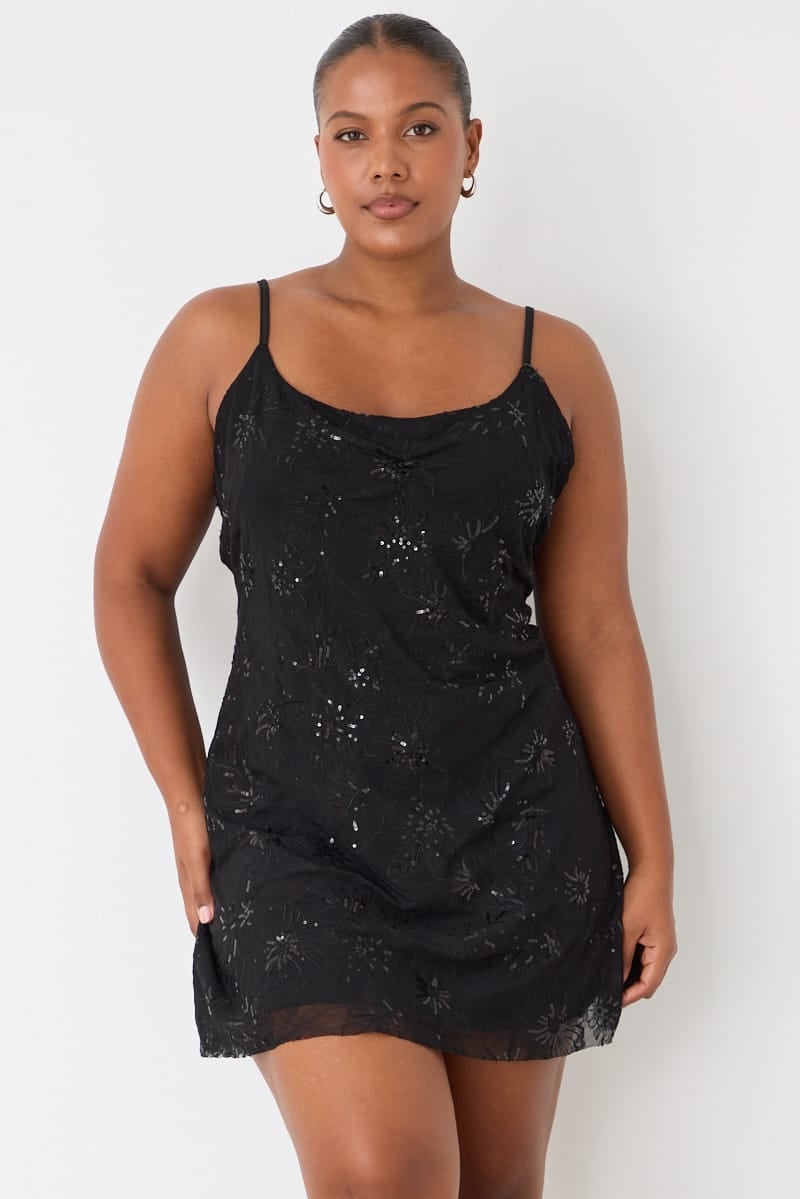 Black Sequin Lace Mini Slip Dress Black Sequin Lace Mini Slip Dress — Classy Plus Size Dresses