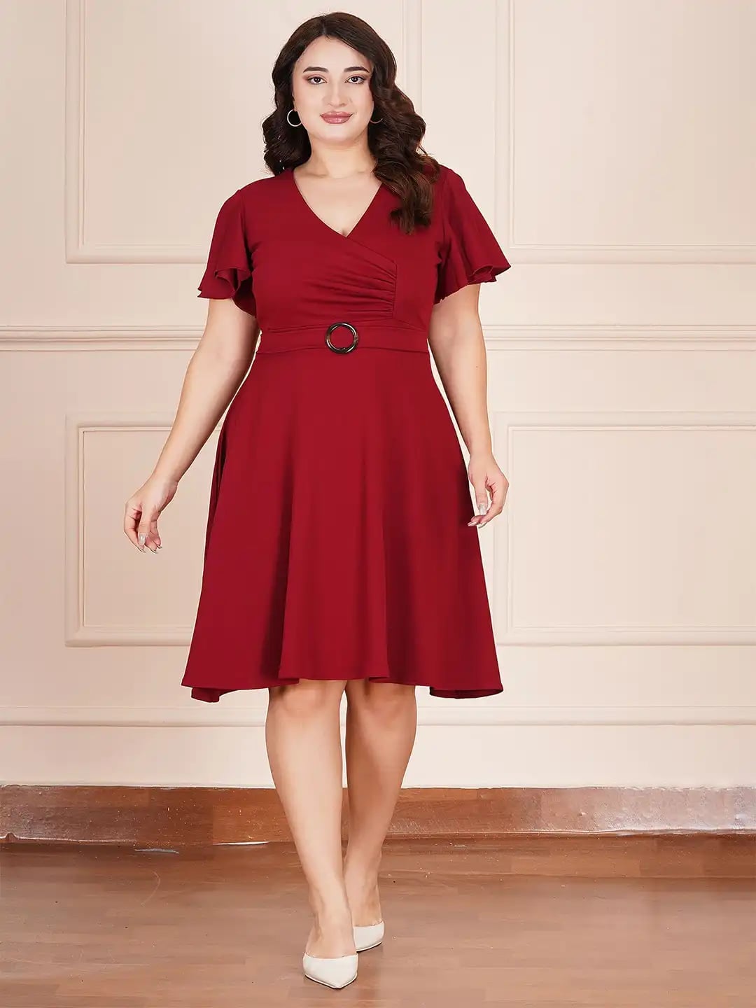 Red Fit-And-Flare Dress With Belt Red Fit-And-Flare Dress With Belt — Classy Plus Size Dresses
