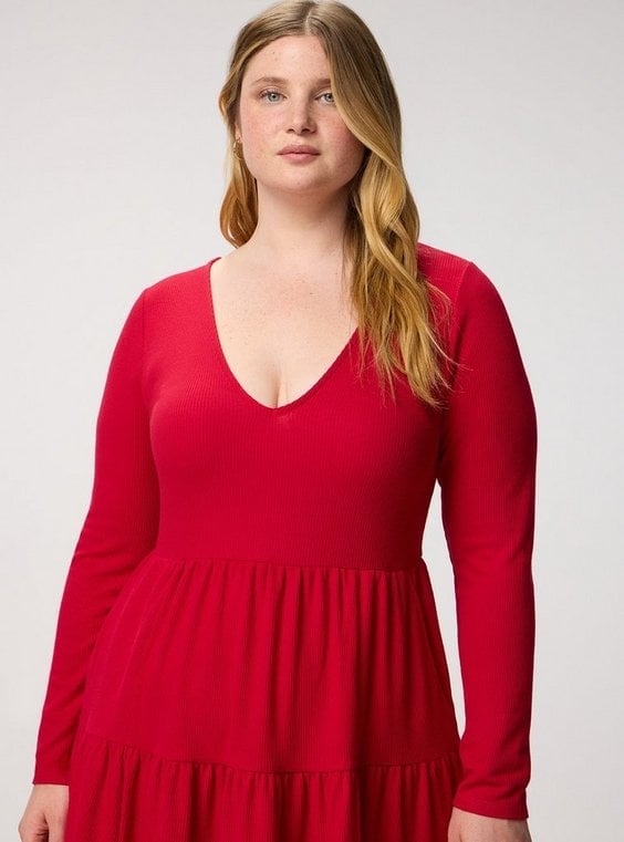 Bright Red Ribbed Knit Long Sleeve Dress Bright Red Ribbed Knit Long Sleeve Dress — Classy Plus Size Dresses
