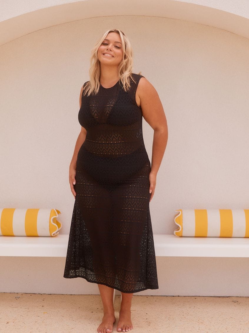 Black Sheer Mesh Maxi Dress With Crochet Details Black Sheer Mesh Maxi Dress With Crochet Details — Classy Plus Size Dresses