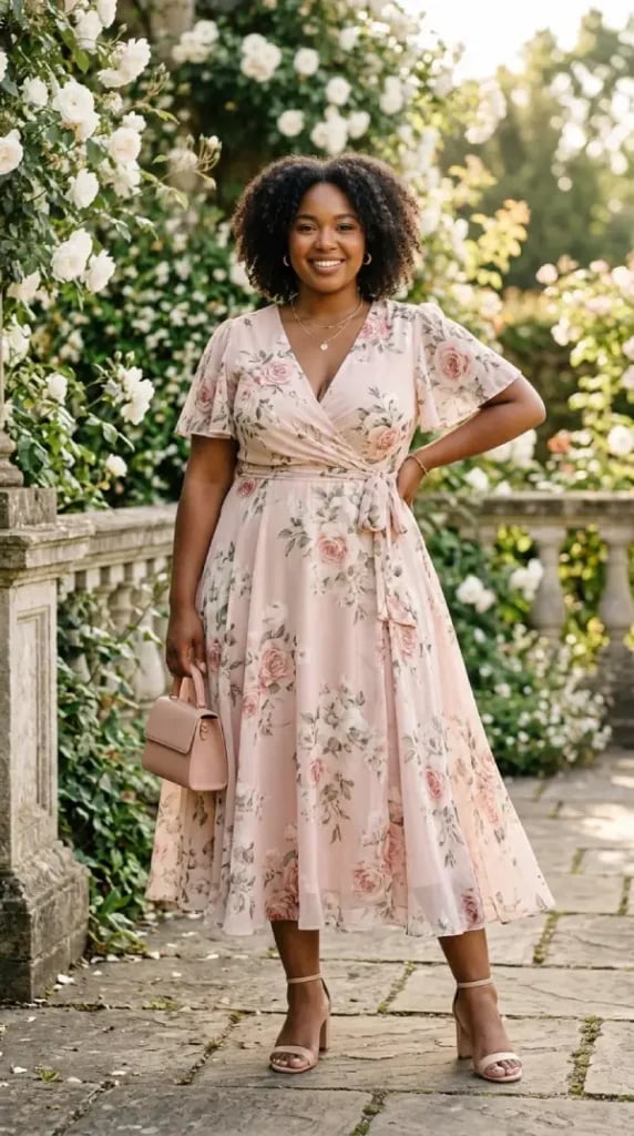 Pink Floral Chiffon Wrap Dress For Garden Parties Pink Floral Chiffon Wrap Dress For Garden Parties — Classy Plus Size Dresses