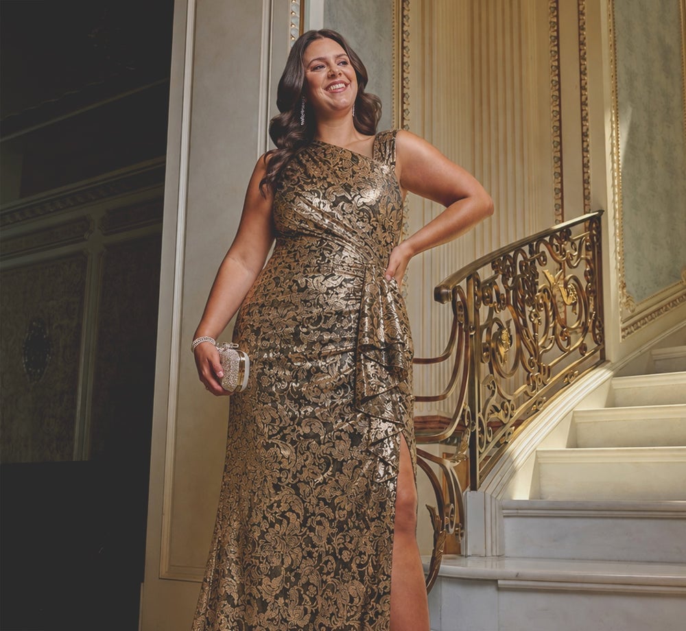 Gold And Black Metallic Jacquard One-Shoulder Gown Gold And Black Metallic Jacquard One-Shoulder Gown — Classy Plus Size Dresses