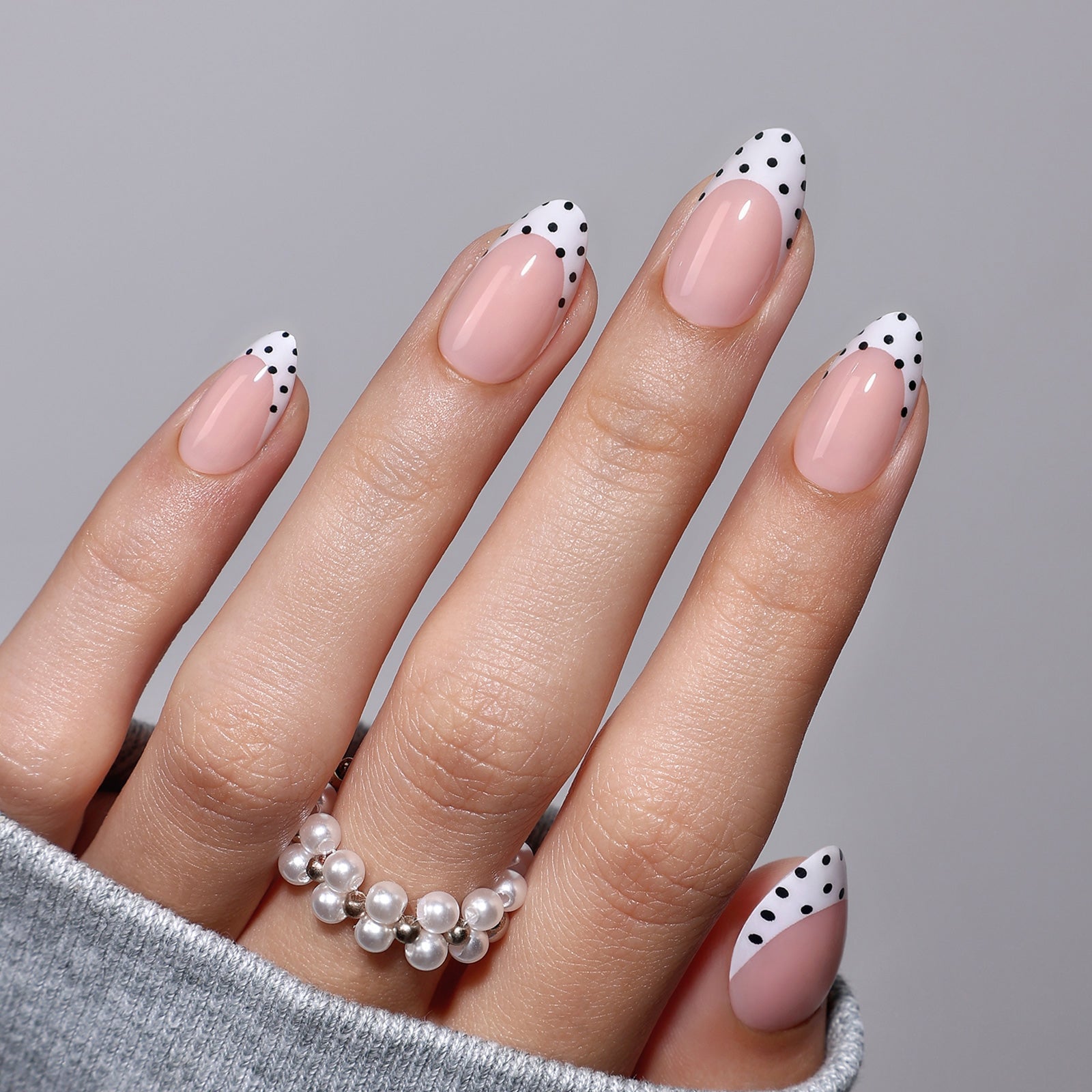SHANGMENG® White French Tip Polka Dots Short Almond Press On Nails | Cute French Gel Nails