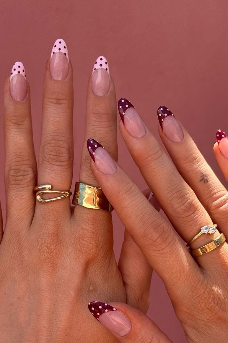 Medium Almond Burgundy Pink Dot French Medium Almond Burgundy Pink Dot French — Classy Polka Dot Nails French