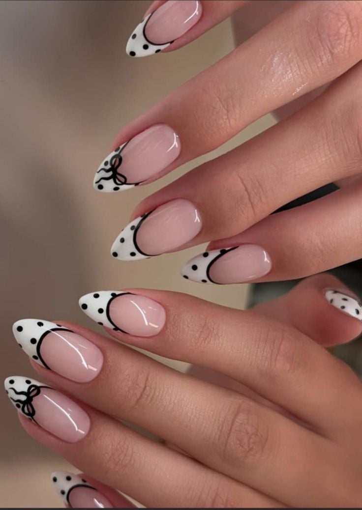 Medium Almond Nude White Black Dot Bow French With нюдовая база Medium Almond Nude White Black Dot Bow French With нюдовая база — Classy Polka Dot Nails French