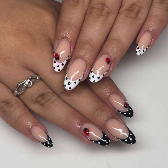 Medium Almond Pink White Black Dot Red Accent French Medium Almond Pink White Black Dot Red Accent French — Classy Polka Dot Nails French