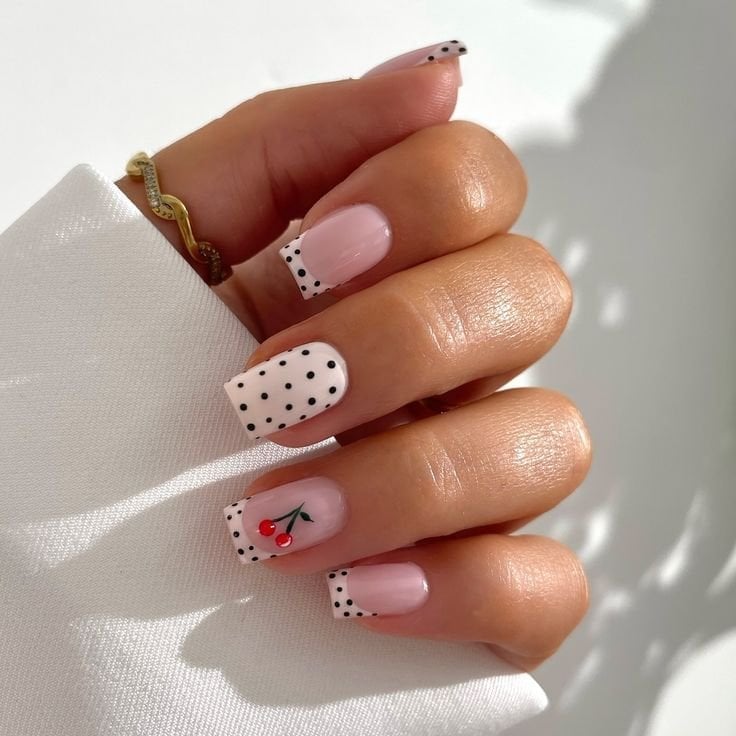 Short Square Pale Pink White Black Dot Cherry French Short Square Pale Pink White Black Dot Cherry French — Classy Polka Dot Nails French