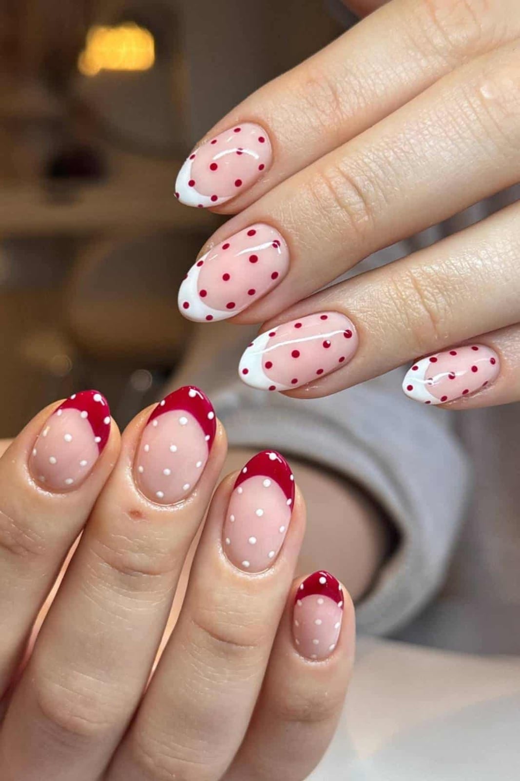 Short Oval Pink White Dot Red French Short Oval Pink White Dot Red French — Classy Polka Dot Nails French