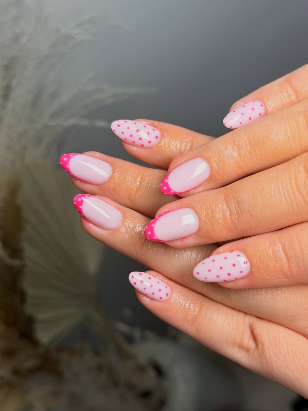 Medium Oval Light Pink Bright Pink Dot French Medium Oval Light Pink Bright Pink Dot French — Classy Polka Dot Nails French